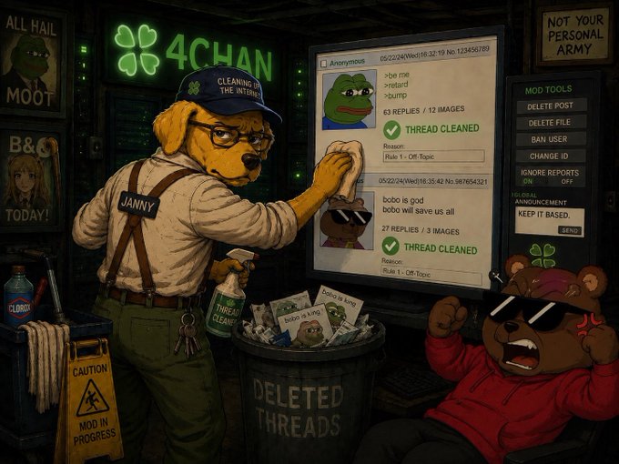 A digital illustration depicts a dog janitor named 'JANNY' wearing a 'CLEANING THE INTERNET' cap, spraying a screen to delete threads, with a '4CHAN' neon sign and a trash can labeled 'DELETED THREADS' in the background.