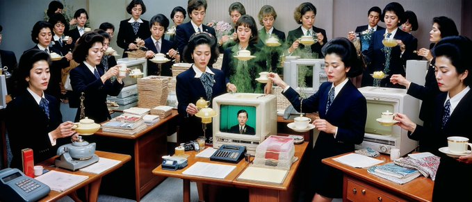 The image shows a group of women gathered around desks, enjoying tea together while watching television. There are several people present, including both men and women dressed in business attire. The scene takes place at an office setting with multiple TVs placed throughout the room. One TV is located on the left side of the room, another one towards the center, and a third one closer to the right edge of the image. 

The women are engaged in conversation while holding their cups of tea, creating a relaxed atmosphere. The presence of various TVs suggests that they might be watching news or other content during their breaks. Overall, it is an office environment where employees can unwind and socialize with each other over tea and television.