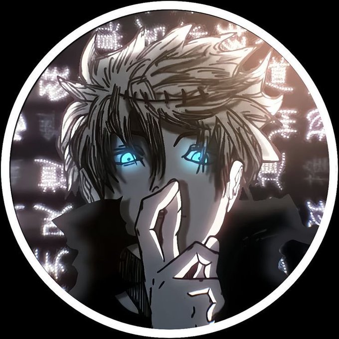 An anime-style illustration depicts a character with spiky blonde hair and glowing blue eyes covering their mouth with a bandaged hand, surrounded by Japanese text.