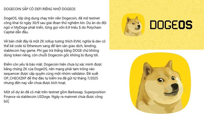 An informational graphic about DogeOS featuring Vietnamese text on the left and a yellow app icon with the Doge meme on the right, dated 30/9.