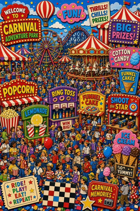 A vibrant, highly detailed cartoon illustration of a bustling carnival scene packed with crowds, food stalls, and rides, featuring bold signs reading 'WELCOME TO CARNIVAL ADVENTURE PARK', 'FUN!', 'THRILLS! CHILLS! PRIZES!', 'BIG PRIZES!', 'COTTON CANDY', 'POPCORN', 'FUNNEL CAKE', 'RING TOSS', 'LEMONADE', 'SHOOT the STAR', 'ICE CREAM', 'SO YUMMY!', 'WIN BIG!', 'RIDE! PLAY! EAT! REPEAT!', and 'CARNIVAL MEMORIES'.