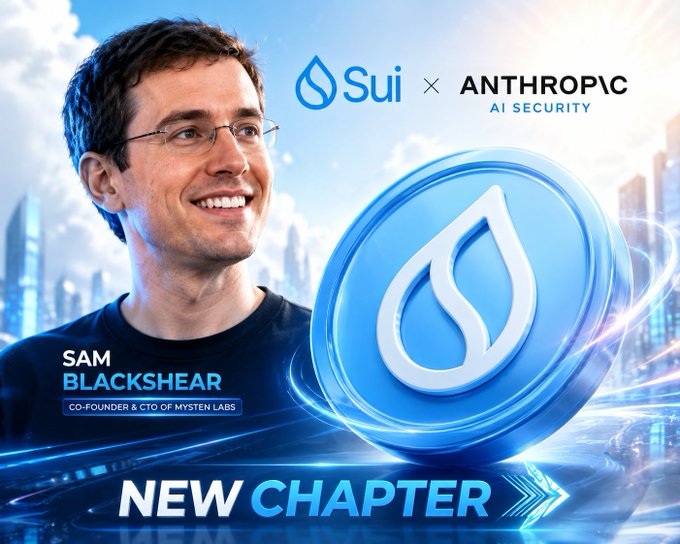 A promotional graphic announces a partnership between 'Sui' and 'ANTHROPIC AI SECURITY,' featuring a photo of Sam Blackshear, Co-Founder & CTO of Mysten Labs, next to a large glowing blue Sui token with the text 'NEW CHAPTER.'