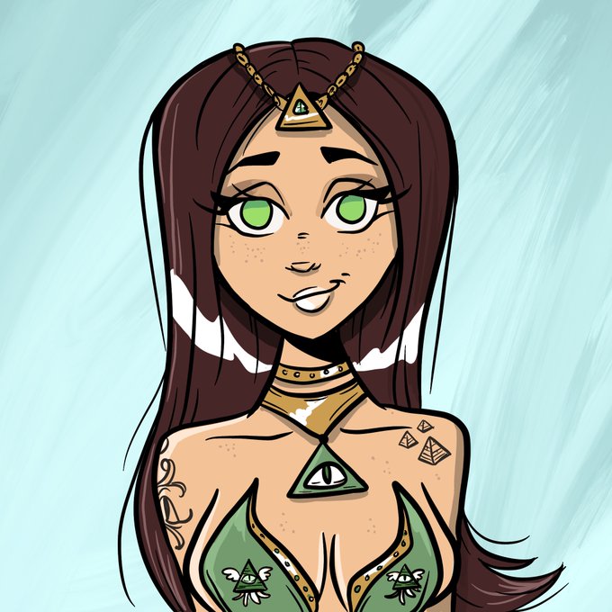 A cartoon-style portrait shows a brown-haired woman with green eyes wearing a green outfit adorned with eye symbols and a triangular headpiece, set against a light blue background.
