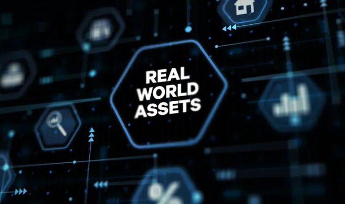 A digital graphic featuring 'REAL WORLD ASSETS' in a hexagon surrounded by related icons like houses, charts, and percentages.