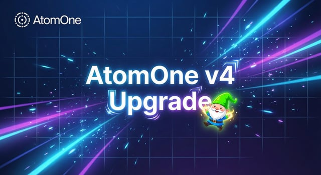 AtomOne v4 Upgrade announcement banner with bright neon light streaks and a cartoon gnome mascot character.