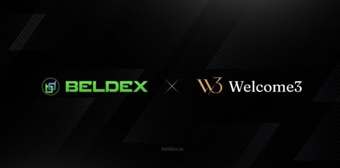 A black promotional banner announcing a partnership between 'BELDEX' and 'W3 Welcome3' with the website 'beldex.io'.