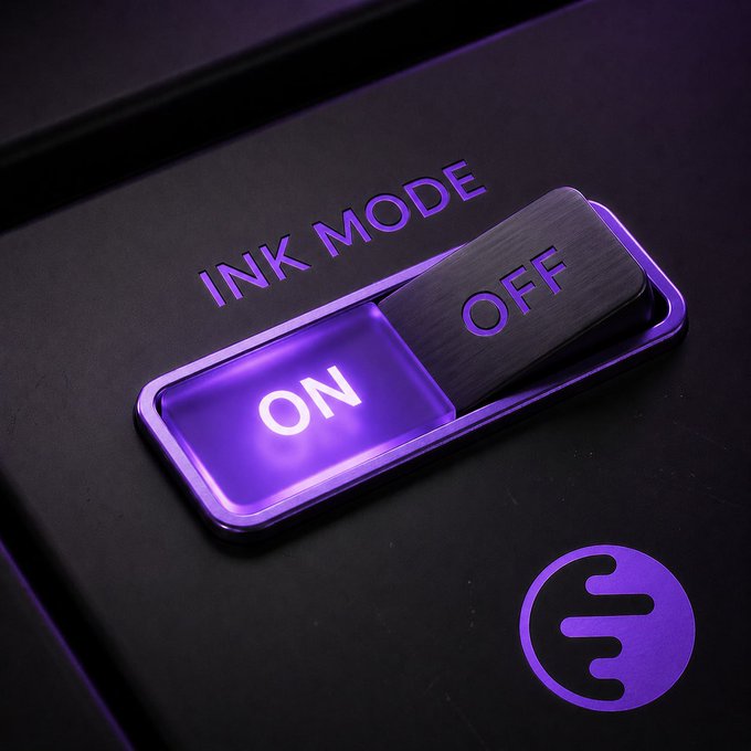 A close-up of a sleek black device with purple backlit branding reading "INK MODE," featuring a toggle switch set to the illuminated "ON" position, with an "OFF" option visible and a logo below.