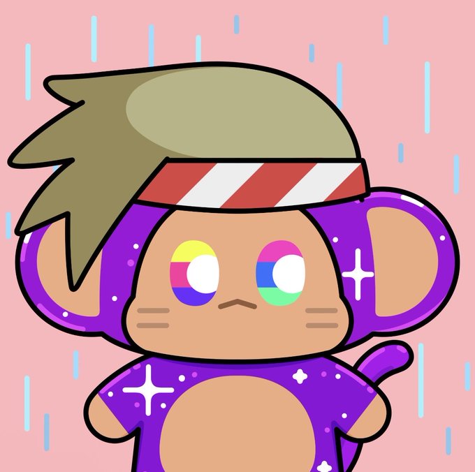 A cartoon chimp character with rainbow eyes, a red and white striped headband, and a sparkly purple space suit stands against a pink background with blue raindrops. The image, tied to the "Chimpers" NFT collection, visually represents the playful and colorful branding of the project highlighted in the post.