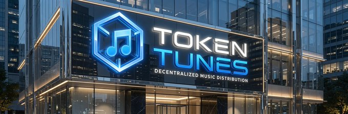 A building sign displays "TOKEN TUNES - DECENTRALIZED MUSIC DISTRIBUTION" with a blue hexagonal music note logo.