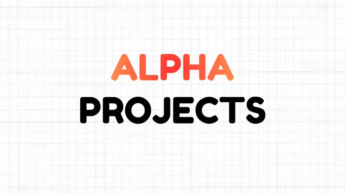 A minimalist graphic displaying the text 'ALPHA PROJECTS' in orange and black letters against a white grid background.
