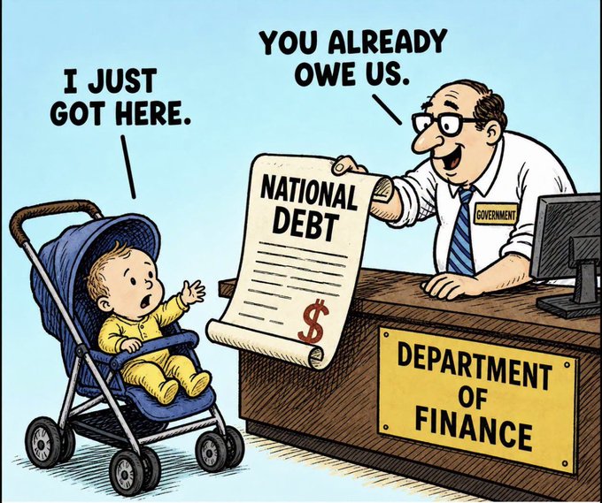 A political cartoon depicting a baby in a stroller at the Department of Finance, where a government official says, "You already owe us," while the baby replies, "I just got here," referencing the national debt.