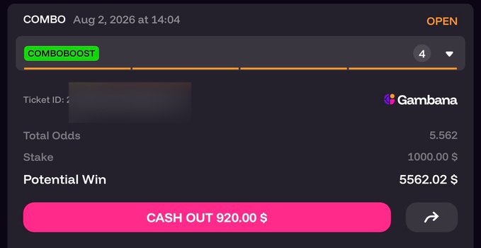 This image shows a "COMBOBOOST" bet on Gambana with total odds of 5.562, a stake of $1000.00, and a potential win of $5562.02, hinting at the 5.56x multiplier mentioned in the post.