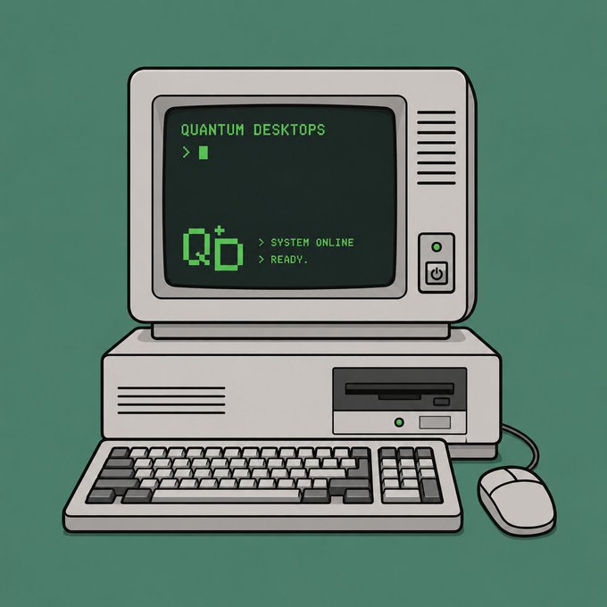 A vintage-style illustration of a retro computer displaying "QUANTUM DESKTOPS," "> SYSTEM ONLINE," and "> READY." in green pixelated text on its monitor, along with a keyboard and mouse set against a teal background. The retro aesthetic and "system ready" messaging visually reinforce the announcement that 4,444 Quantum Desktops are launching on Robinhood App Mint.