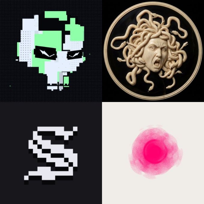 A 2x2 grid of unrelated images: a green and white pixel art skull, a Medusa head cameo on a black plate, a white pixel art number '5', and a pink watercolor-like blob on a white background.