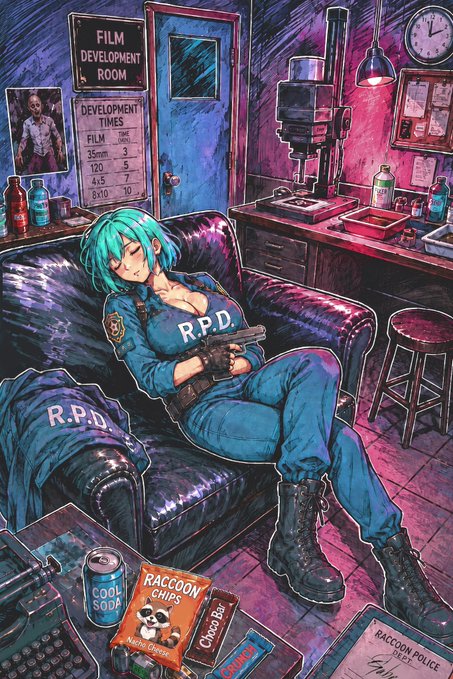 An anime-style illustration of a woman with teal hair wearing an R.P.D. uniform, reclining on a leather couch in a film development room, surrounded by items like a typewriter, enlarger, soda can, and snacks like 'Raccoon Chips' and 'Choco Bar'.