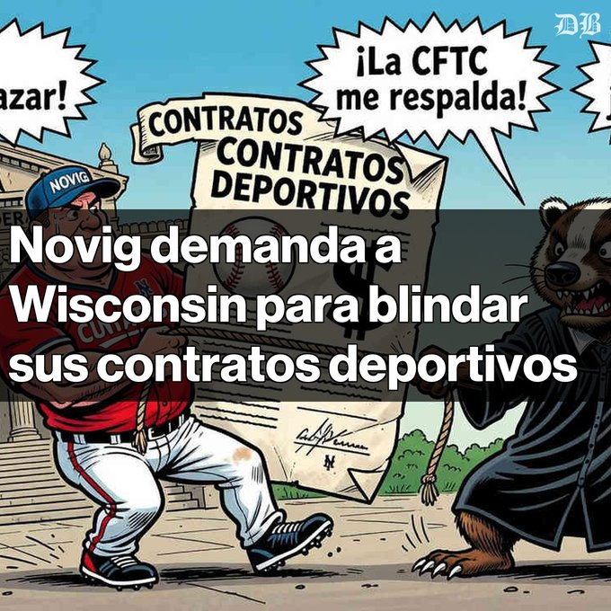 An illustrated graphic with Spanish text reading 'Novig demanda a Wisconsin para blindar sus contratos deportivos,' depicting a baseball player and a badger in a tug-of-war over sports contracts, with speech bubbles in Spanish.