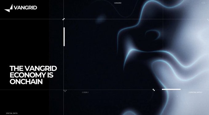 The image displays a dark, futuristic graphic for "VANGRID" with the tagline "THE VANGRID ECONOMY IS ONCHAIN," featuring a grid overlay and a blue smoke-like swirl on the right side. The accompanying text explains that Vangrid is building a decentralized mapping and spatial data network to help AI labs and autonomous systems access ground-level information, which aligns with the image's emphasis on "Spatial Data" and blockchain-based mapping infrastructure.