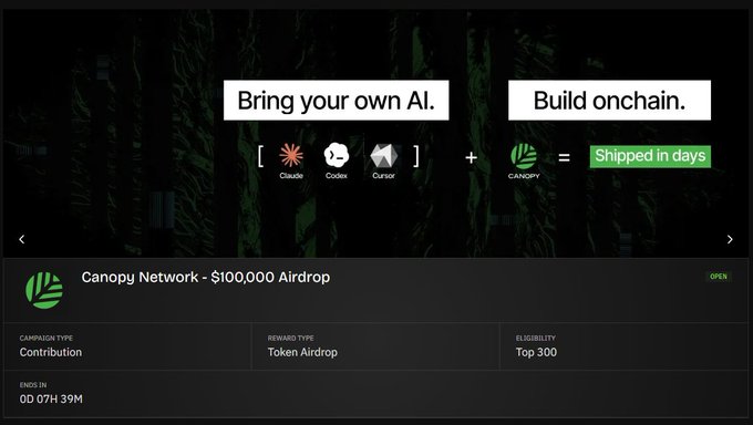 A screenshot of a webpage promoting Canopy Network with the headlines 'Bring your own AI' and 'Build onchain,' showing icons for Claude, Codex, and Cursor, plus details for a '$100,000 Airdrop' Contribution campaign.