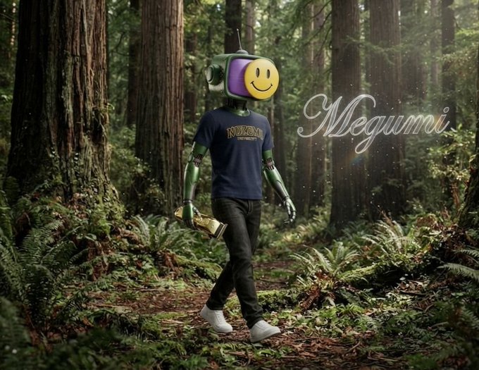 A robotic figure with a television head displaying a yellow smiley face walks through a misty forest, wearing a navy blue t-shirt and holding a yellow banana, beside the stylized text 'Megumi'.