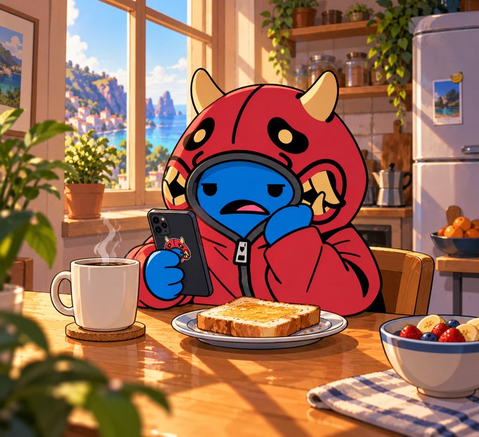 A cartoon illustration of a blue character wearing a red demon-style hoodie, sitting at a kitchen table with a mug of coffee, toast, and a bowl of fruit while looking at a smartphone.