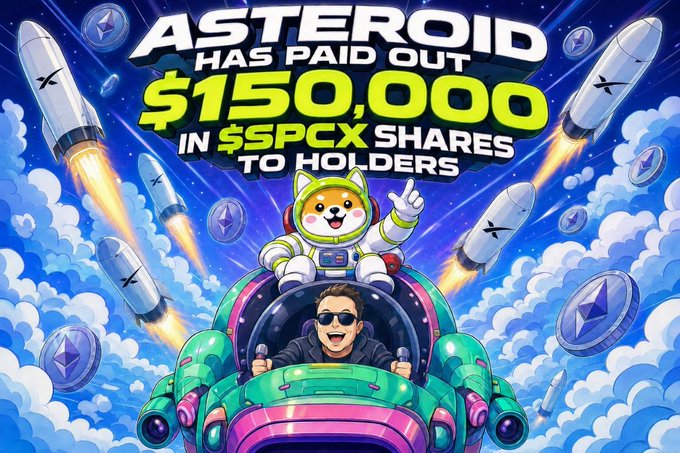 A vibrant cartoon-style image features an astronaut Shiba Inu dog in a green and pink rocket ship alongside a human pilot, soaring through clouds and starry skies while surrounded by rockets, Ethereum coins, and Ethereum tokens. Bold text overlays the scene announcing: "ASTEROID HAS PAID OUT $150,000 IN $SPCX SHARES TO HOLDERS," promoting the crypto project's stock rewards milestone alongside its contract address and Robinhood hashtag.