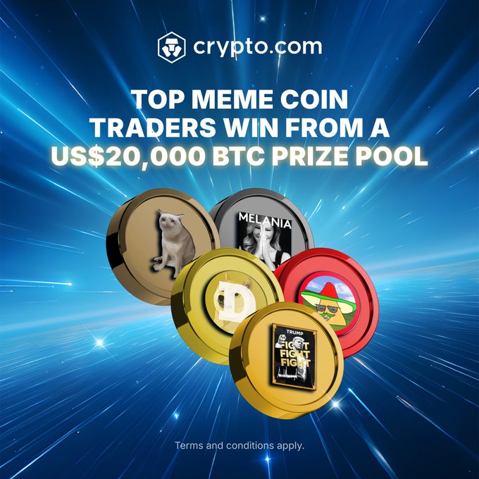 A Crypto.com promotional graphic featuring a US$20,000 BTC prize pool for top meme coin traders, displaying logos for featured coins including $DOGE, $MELANIA, $TRUMP, and $DIP against a radiant blue background.