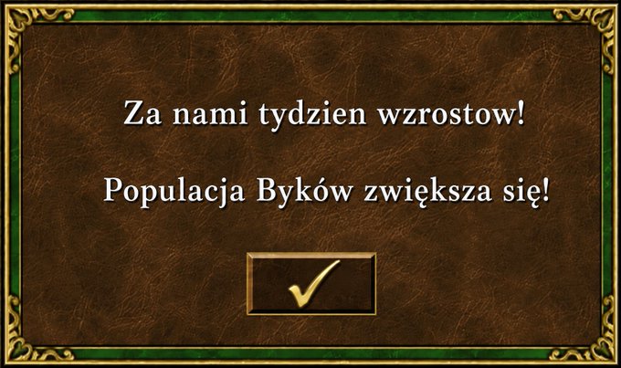 A brown leather-textured graphic with an ornate green and gold border displaying Polish text: 'Za nami tydzień wzrostów! Populacja Byków zwiększa się!' (meaning 'A growth week behind us! The Bull population is increasing!') with a gold checkmark.