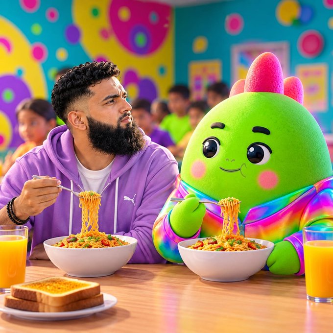 A man in a purple hoodie and a green cartoon character with pink spikes sit at a colorful cafeteria table eating noodles together, with toast and orange juice on the side.