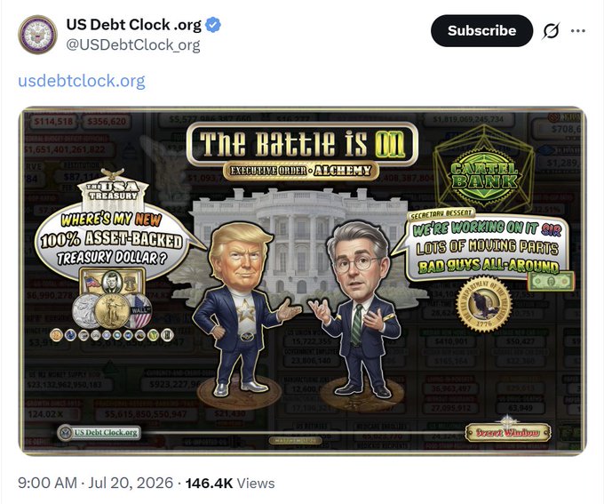 A tweet from @USDebtClock.org features a cartoon titled "The Battle is On: Executive Order vs. Alchemy," showing caricatures of Donald Trump and Treasury Secretary Scott Bessent debating about a 100% asset-backed Treasury dollar and exposing the "Cartel Bank's" moving parts. The image's theme of bypassing the central banking system through the U.S. Treasury aligns with the post's call for a digital Treasury dollar to address allegedly over-leveraged banks short on tickers like MMTLP, GME, BBBYQ, and AMC.