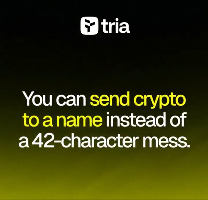 The image features a yellow background with white text that reads "You can send crypto to a name instead of a 42-character mess." The text is centered, making it easy to read and understand. The image also includes an image of a person's face, which adds a human touch to the post.