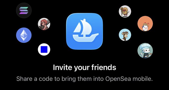 An app screen for OpenSea mobile showing a 'Invite your friends' prompt with the text 'Share a code to bring them into OpenSea mobile.' surrounded by various NFT avatar icons.