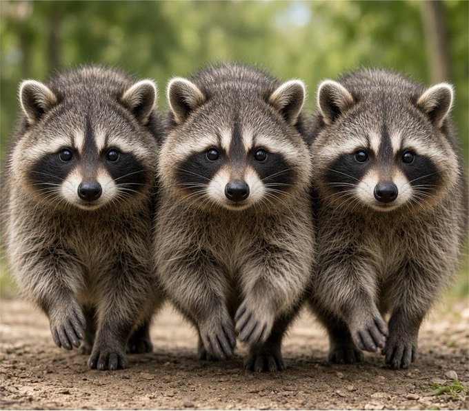 Three baby raccoons stand side-by-side on a dirt path, looking directly at the camera.