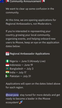 @moovexyz The image focuses on a twitter post discussing an upcoming opportunity to join as a regional Ambassador for Moove. The post suggests that there are currently no applications available for this role, but that interested parties can still apply if they are interested in representing their local community and spreading the use of Web3 adoption around the world.