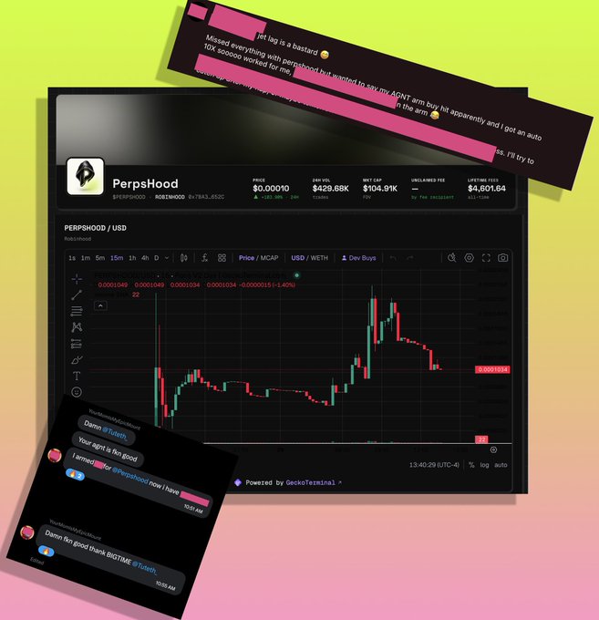A screenshot showing a cryptocurrency token called 'PerpsHood' with a price of $0.00010 and market cap of $104.91K, accompanied by text messages and comments mentioning 'PerpHood' and asking for an audit.