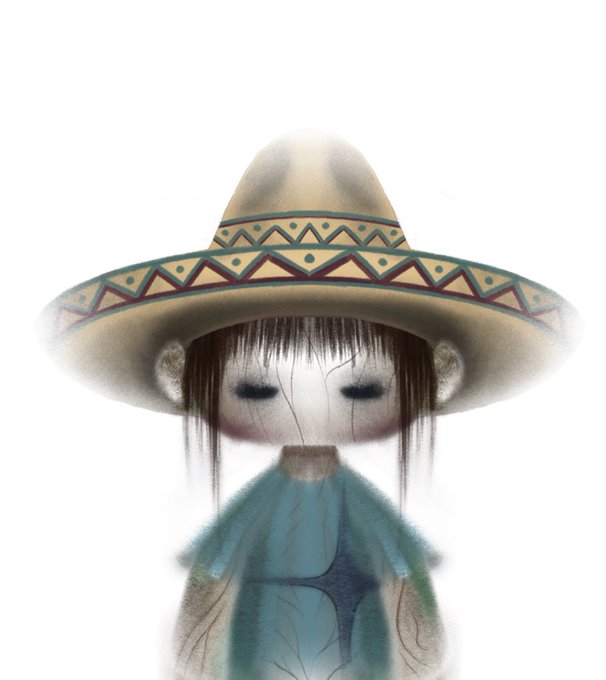 A haunting digital illustration of a pale doll-like figure with dark, hollow eyes and hair, wearing a teal garment and a large sombrero with geometric patterns.