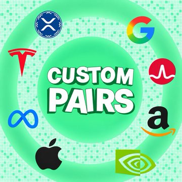 A vibrant green graphic featuring "CUSTOM PAIRS" in the center, surrounded by logos of various brands and tech companies including Google, Tesla, Apple, Meta, Amazon, NVIDIA, Microsoft, and X, promoting the new IREN token pairing feature on PumpFun powered by Sunrise.