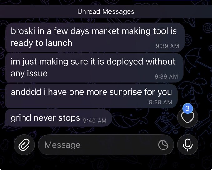 A screenshot of a DM conversation showing messages about an upcoming market making tool launch, with the sender teasing "grind never stops" at 9:40 AM. The exchange highlights the behind-the-scenes work and dedication of an influential crypto community member, tying into the broader post recognizing key supporters of the LMAO project.
