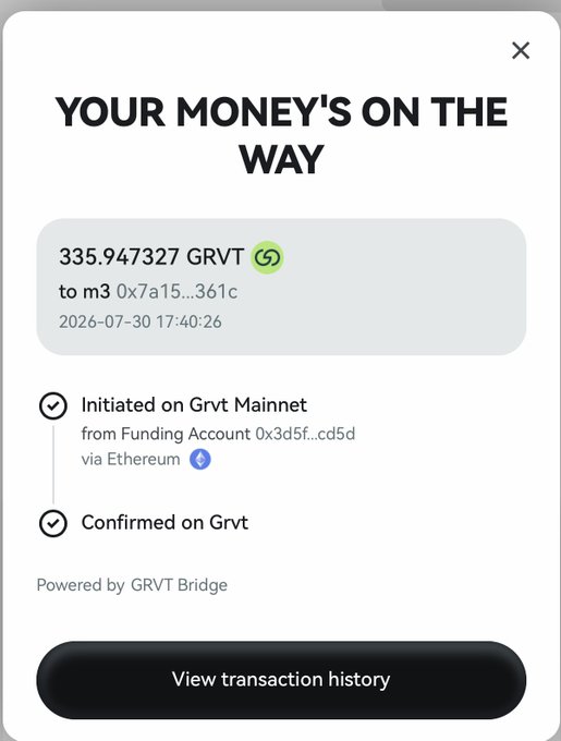 This image shows a GRVT transaction confirmation for 335.947327 GRVT initiated on the Grvt Mainnet and confirmed on Grvt, referencing the project mentioned in the post. The post elaborates on the significant effort invested in the "$GRVT project" and the monetary outcome.