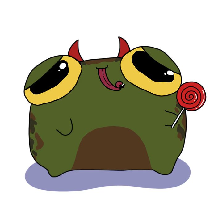 A cute cartoon illustration of a green, blob-like monster character with large yellow-rimmed eyes, small red horns, and a long tongue, holding a red swirl lollipop.