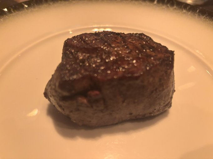 A close-up of a small, thick, well-seared steak on a white plate in dim lighting.