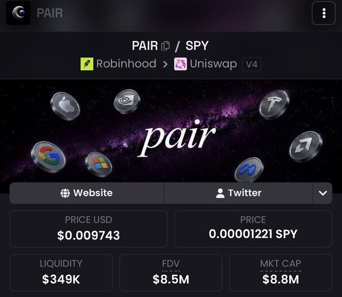 A screenshot of a cryptocurrency tracking page for the token "PAIR" showing a price of $0.009743, available on Robinhood and Uniswap V4, with a market cap of $8.8M and various tech company logos.