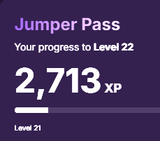 A dark purple Jumper Pass progress screen showing 2,713 XP toward Level 22.