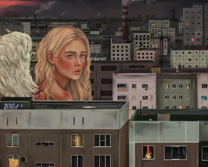 A blonde-haired angel with large white wings gazes thoughtfully over a sprawling, smoke-spewing urban landscape of gray apartment buildings at dusk. The melancholic artwork mirrors the caption's poignant theme of searching for hope and identity ("my sunshine," "my miracle") amidst the bleak, impersonal cityscape that feels both isolating and full of quiet longing.