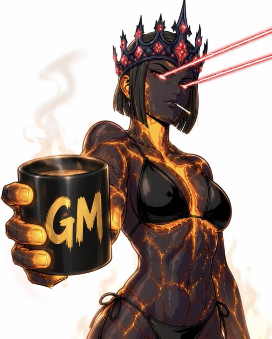 Digital artwork of a female character with cracked, lava-like skin, glowing red eyes emitting laser beams, wearing a crown, holding a black mug with 'GM' written in gold, and smoking a cigarette.
