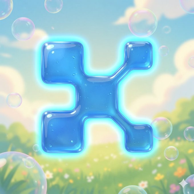 A glossy, translucent blue letter "K" outlined in neon cyan floats against a dreamy pastel sky with fluffy clouds, floating bubbles, and a flower-filled meadow below. The image aligns with the post's theme by showcasing Kaito's playful, bubble-like branding—complete with a "mufettis approves" sparkle in the corner—signaling a shift from a sleek Web3 aesthetic to a cheerful, nostalgic, internet-inspired style.
