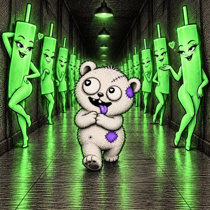 An illustration of a cute white stitched bear with purple patches walking down a green-lit hallway lined with anthropomorphic green popsicle figures with feminine faces and hearts.