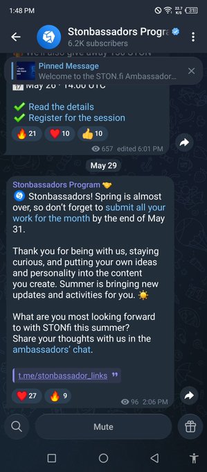 The image shows a cell phone screen displaying a message from Ston.fi, which is a decentralized finance platform offering more than simple token trading. The message includes a link to an article about STON.fi and a message asking for feedback or suggestions on how to improve the platform.