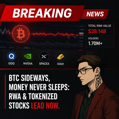 The image is a breaking news graphic displaying a Bitcoin logo and a sideways chart, alongside statistics showing a total RWA value of $38.14B held by 1.70M+ holders, with trending tokenized assets including QQQ, NVIDIA, SPACEX, and XAUt. A stylized illustration of a man in a red blazer appears beside the headline "BTC SIDEWAYS, MONEY NEVER SLEEPS: RWA & TOKENIZED STOCKS LEAD NOW," visually reinforcing the post's message that while Bitcoin stagnates, real-world asset tokenization is the hot trend.