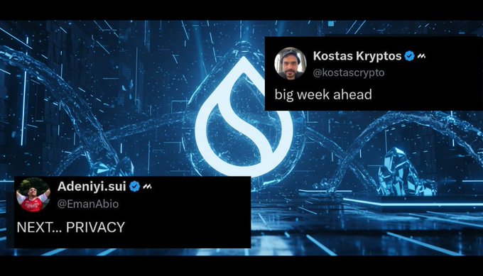 The image features a large blue logo with the text "Kostas Kropatos" written below it, along with two Twitter handles "@kosta_sui" and "@kosta_abio". The background of the image shows a futuristic cityscape filled with neon lights and buildings. The post includes a caption that reads: "They said big week ahead. Then they said NEXT... PRIVACY."