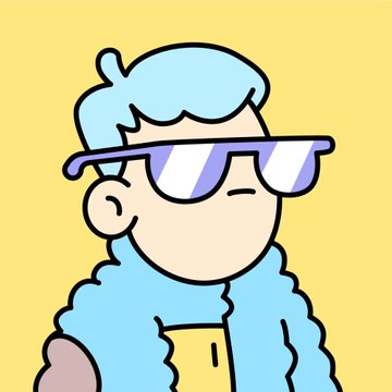 A simple cartoon avatar of a person with light blue hair wearing purple-tinted sunglasses and a blue jacket against a yellow background.